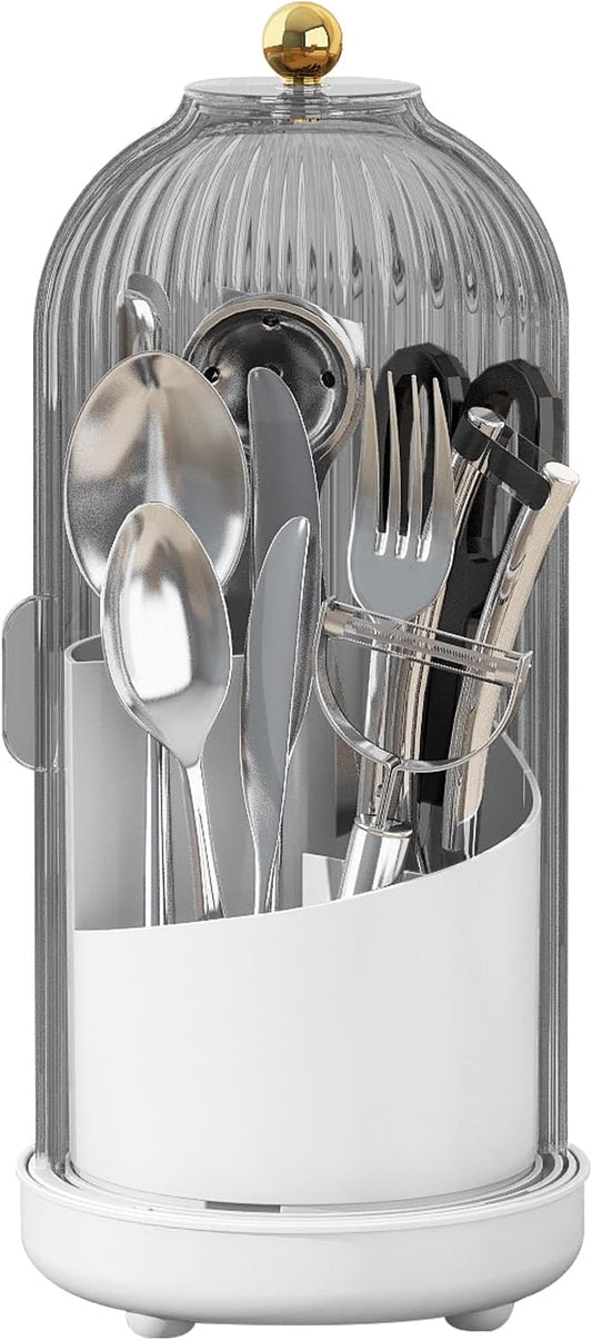 JEESA Utensil Holder with Lid, 360° Rotating Flatware Organizer for Cutlery Spoon Fork(H Less 8"), Silverware Caddy Organizer Drainage Dustproof Flatware Holder Kitchen Countertop Storage, Gray