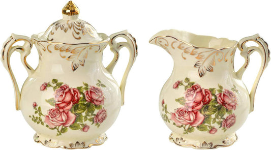 YOLIFE Ceramic Sugar and Creamer Set, Vintage Porlcelain Pitcher Creamer Sugar Bowl with Lid, Pink Rose Floarl Golden Leaves Edge