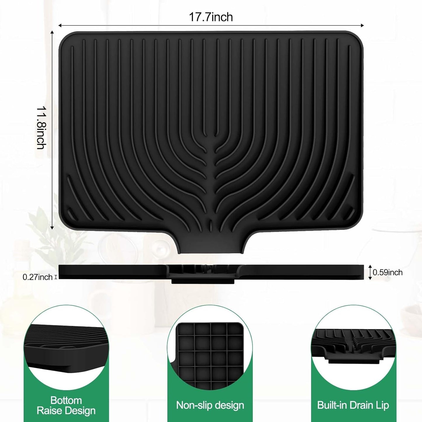 GUUKIN Dish Drying Mat, 17.7" x 11.8 " Drying Matt Kitchen Counter,Non-Slip Drying Pad, Easy Clean Pad for Countertop Protection, Multi-Functional Use (Black)