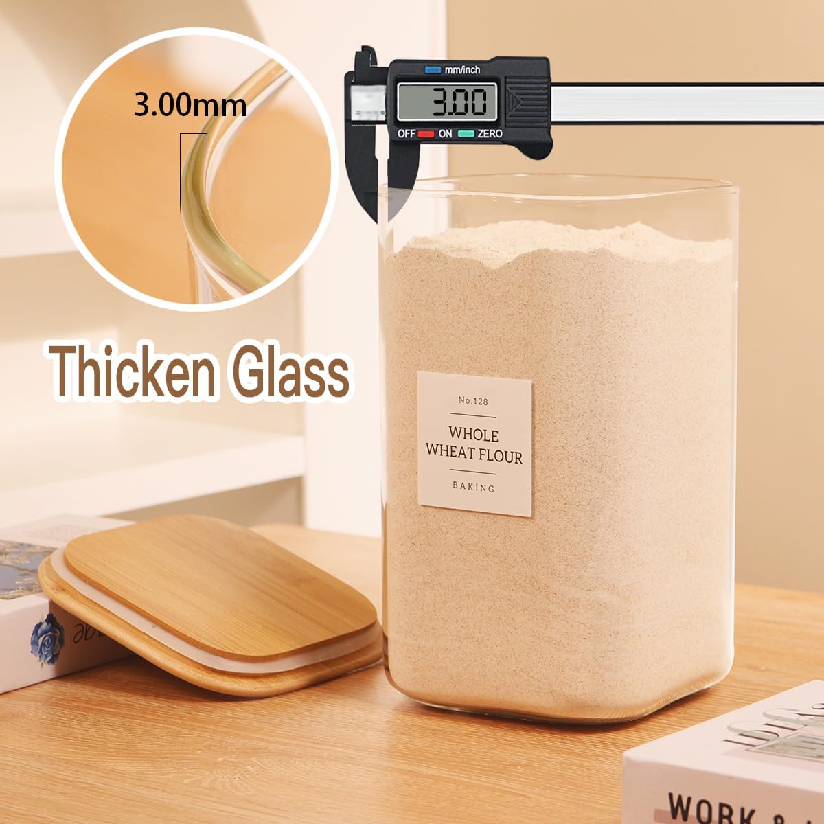 2 Pack large Square Glass Flour and Sugar Containers with 132 Kitchen Pantry Labels - Thicken 149 floz Glass Storage Jars with Airtight Bamboo Lid - Big Rice Canisters for Coffee, Pasta, Cereal