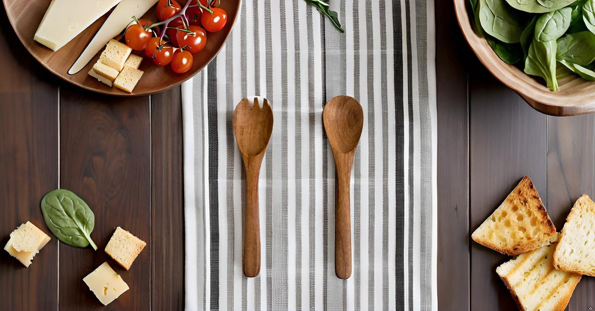 8 Inch Acacia Wood Salad Server Set Wooden Mixing Tongs Dinner Fork & Spoon Serving Utensils For Tossing Salad Handmade Cookware Salad Cooking Utensils & Accessories For Kitchen, Natural Brown