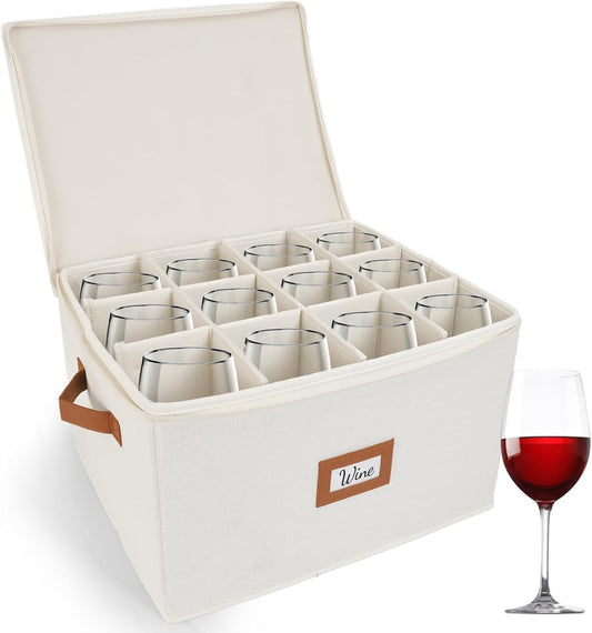 HOMELUX THEORY Wine Glass Storage Box with Dividers, Ivory Hard Shell China Storage Containers, Kitchen Storage Bins With Lids, Heavy Duty Moving Box for Packing Glasses, Stemware & Glassware