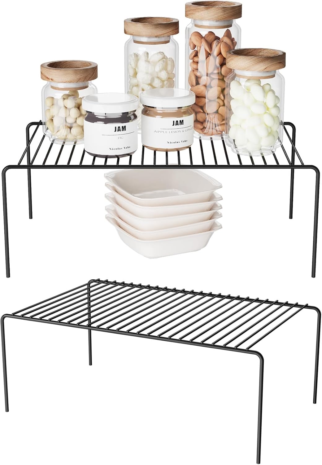 Medium(13 x 9.4 inch)Black Cabinet Storage Shelf Rack Set of 2, Rustproof Metal Wire Kitchen Counter Organizers and Storage, Spice Organization for Cabinet, Plate, Dish, Pantry, Bathroom, Fridge