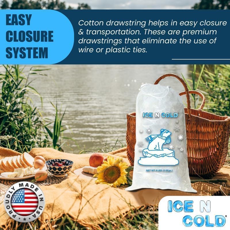 Ice Bags with Drawstring Closure | 20lb, 400ct/cs | 50 mic Thickness | Portable Storage and Freezer Keeper