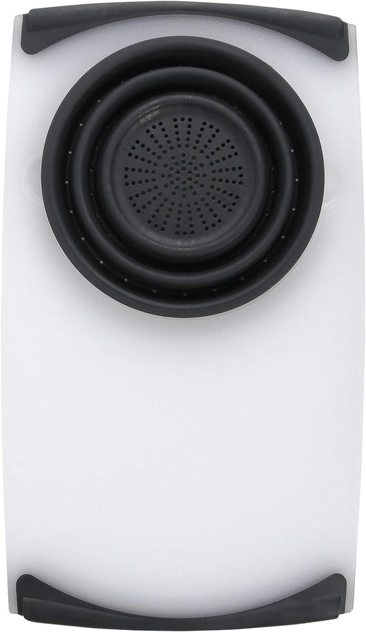 Dexas Over the Sink Poly Cutting Board with Collapsible Colander Strainer, 11.5 x 20", Natural/Gray