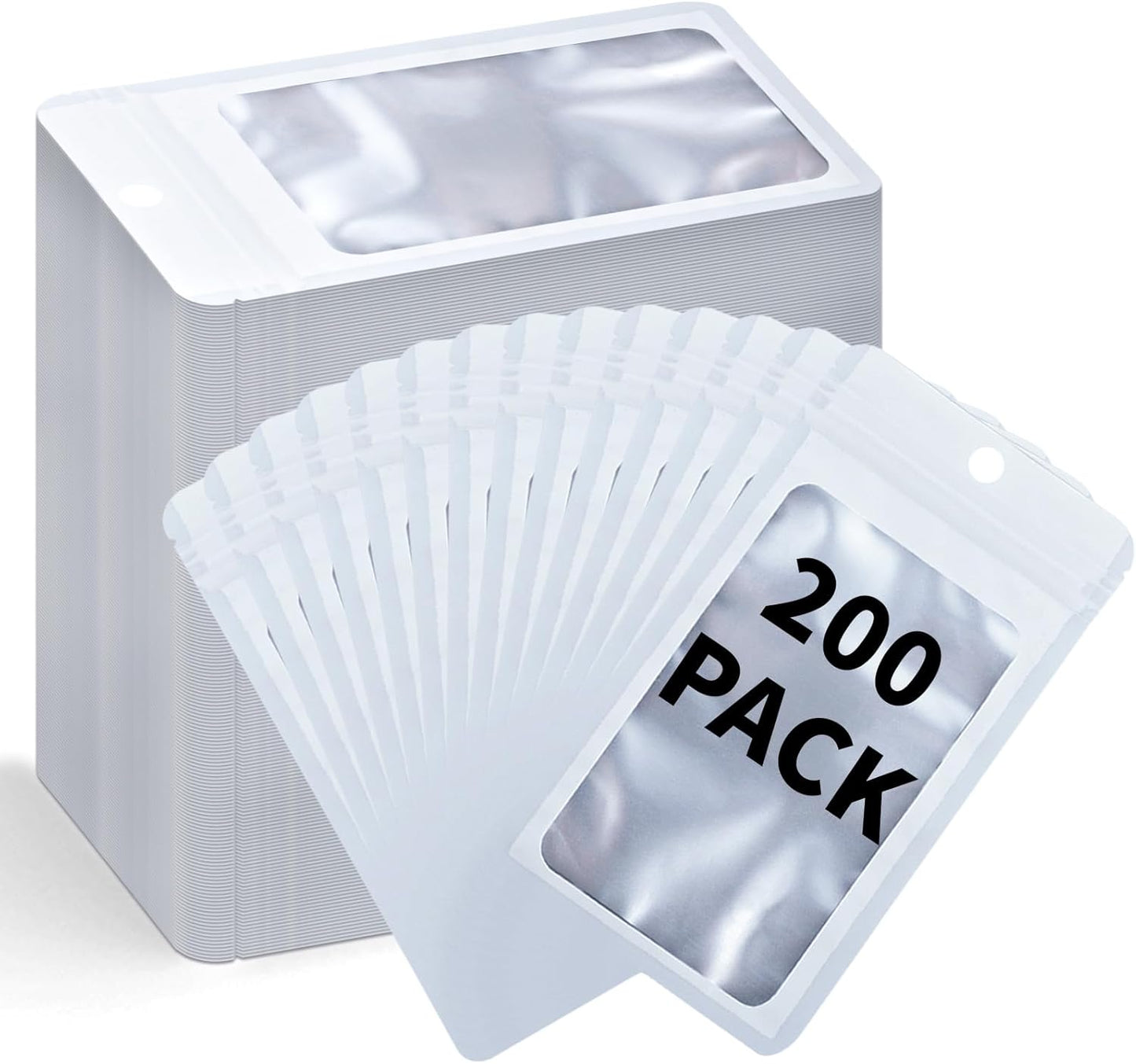 200 Pack Resealable Mylar Holographic Bags Food Storage Smell Proof Bags with Front Window Foil Packaging Pouch for Candy Sample Jewelry Small Business 4.13×5.91 Inch, White
