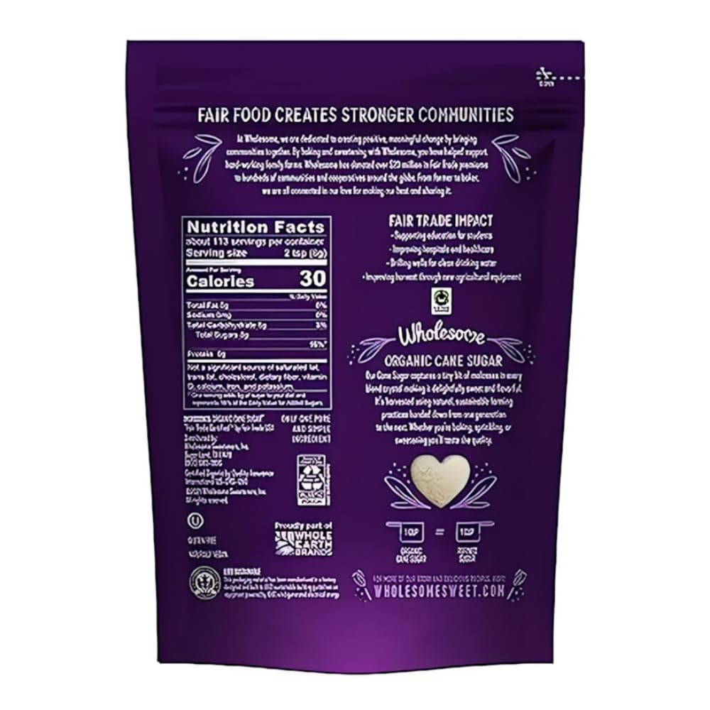 Wholesome Organic Cane Sugar, Fair Trade, Non GMO & Gluten Free, 1 Pound (Pack of 12)