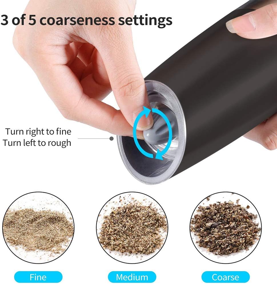 Electric Gravity Salt and Pepper Grinder set of 2, Automatic Salt and Pepper Mill Grinder, Adjustable Roughness, Battery Powered, Blue LED Light, Stainless Steel with One Hand Operation (Black)