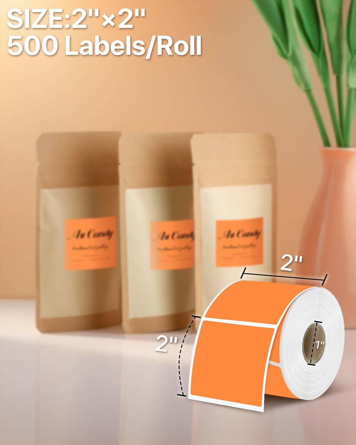 iEager Orange Square Thermal Label Stickers, 2"x2" Self-Adhesive Square Direct Thermal Labels with Perforation Line, 500 Sheets/Roll