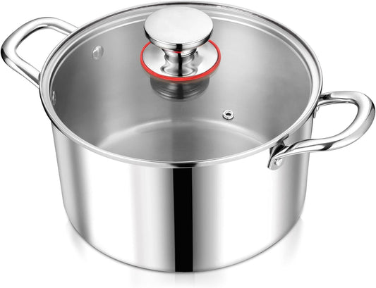 P&P CHEF 6 Quart Tri-Ply Stainless Steel Stock Pot, 6 Qt Stockpot Pasta Cooking Pot with Visible Lid for Soup Vegetable, Induction Cookware for All Stoves, Sturdy & Double Handle, Dishwasher Safe