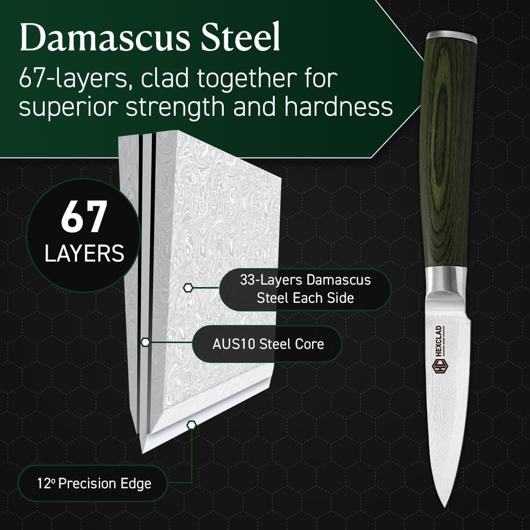 HexClad Paring Knife, 3.5-Inch Japanese Damascus Stainless Steel Blade, Pakkawood Handle