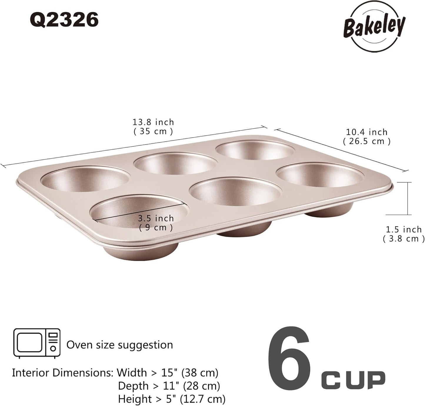 Muffin Cake Pan, 13-inch Non-Stick 6-Cavity Cupcake Pan Bakeware for Oven Baking (Champagne Gold)