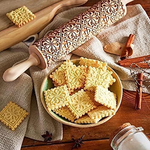 Christmas Wooden Rolling Pin for Baking Engraved Embossing Rolling Pin Cookie Stamps Roller Square Grid Cookies Mold Kitchen Decor Tools for Baking Embossed Cookies (Flower Window)
