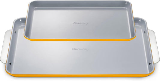 Caraway Non-Stick Ceramic Baking Sheet Duo - Naturally Slick Ceramic Coating - Non-Toxic, PTFE & PFOA Free - 18 x 13" Large & 15 x 10" Medium - Marigold