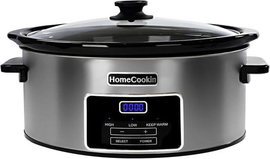 HOMECOOKIN 6-Quart Digital Programmable Slow Cooker with Timer - Small Kitchen Appliance for Family Dinners - Serves 6+ People - Heat Settings: Keep Warm, Low and High