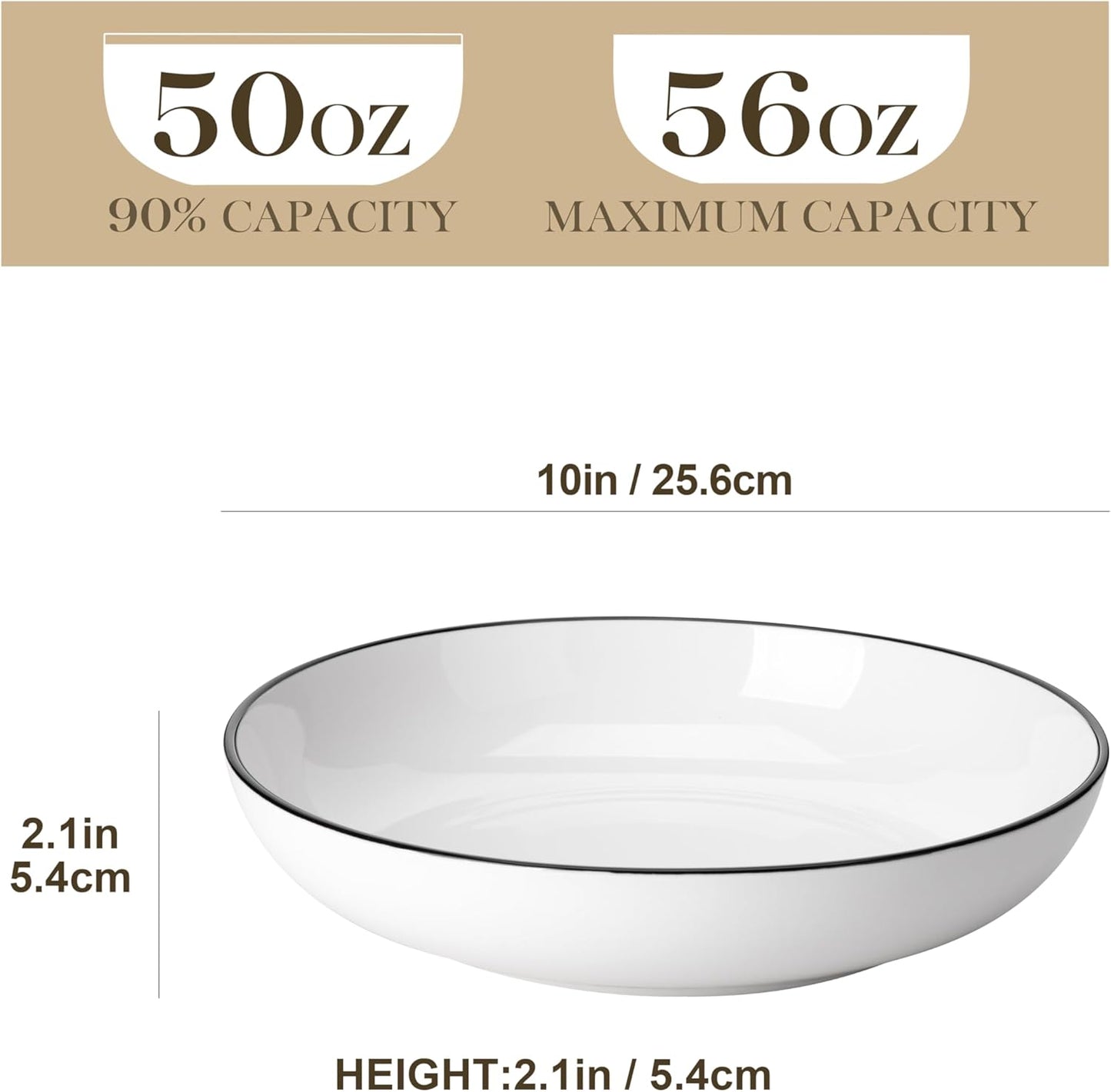 MALACASA 10" Large Pasta Bowls, 56 OZ White Salad Bowls Soup Bowls, Porcelain Serving Bowls Set of 4, Ivory White & Black Rim, Microwave & Dishwasher Safe, Series REGULAR
