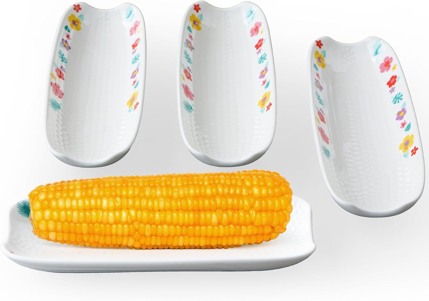 Cinf Ceramic Corn Cob Holders 8.8" Corn Dishes Set of 4 Trays Non-slip Bottom Microwave Dishwasher Oven Safe (Hawaii Flower)
