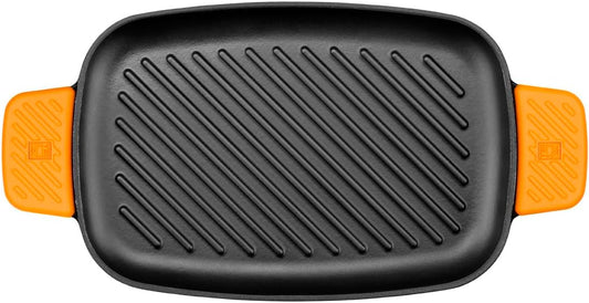 BRA COOKWARE Efficient Iron Rectangular Ribbed Grill | 13 inches x 8.7 inches Cast Iron Rectangular Griddle | All Heat Sources Compatible | PFOA Free | W/o Non-Stick | Silicon Handle | Non Deformable