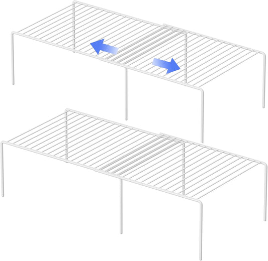 Redrubbit 4-Piece Expandable Metal Rustproof Storage Shelf Rack, Kitchen Counter and Cabinet Organizer, Space Saver for Fridge, Bathroom, White, Set of 2
