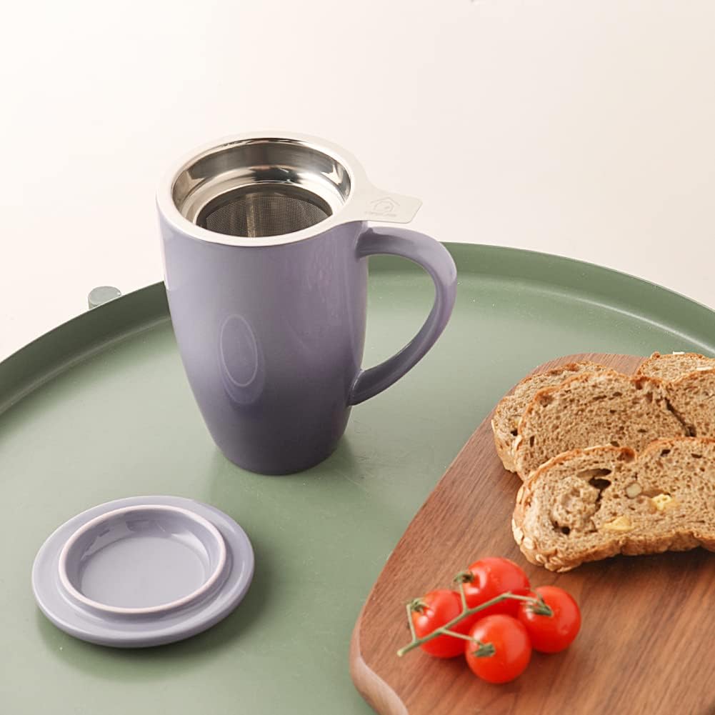 Sweejar Porcelain Tea Infuser Mug with Lid, 16 oz Teacup with Strainers for Loose Leaf Tea, Microwave and Dishwasher Safe Coffee Mug(Gradient Purple)