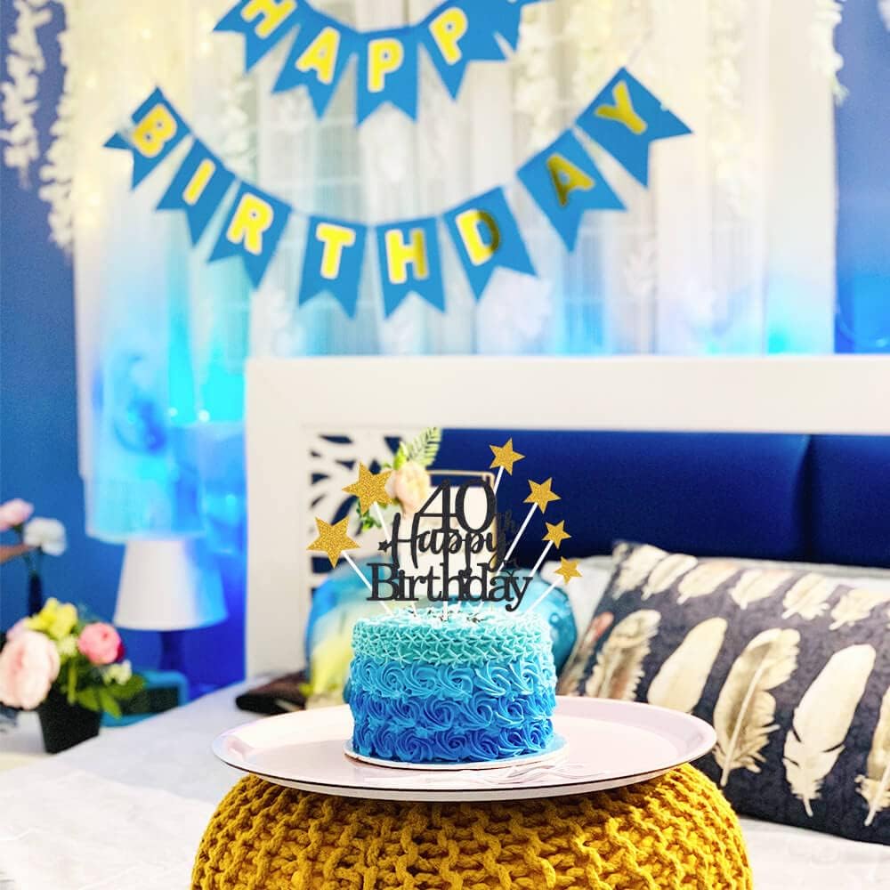 Glittery 40th Happy Birthday Cake Topper with Star,Personalised 40 Birthday Cake Toppers Party Decorations Party Supplies for Men Women Black Gold
