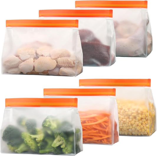 iSPECLE Reusable Gallon Freezer Bags - 6 Pack Freezer Bags BPA-Free with Stand-Up Bottom and Label, Easy to Get Frozen Meat, Vegetables, Fruit, Leakproof Freezer Storage Bags Keep Food Fresh, Orange
