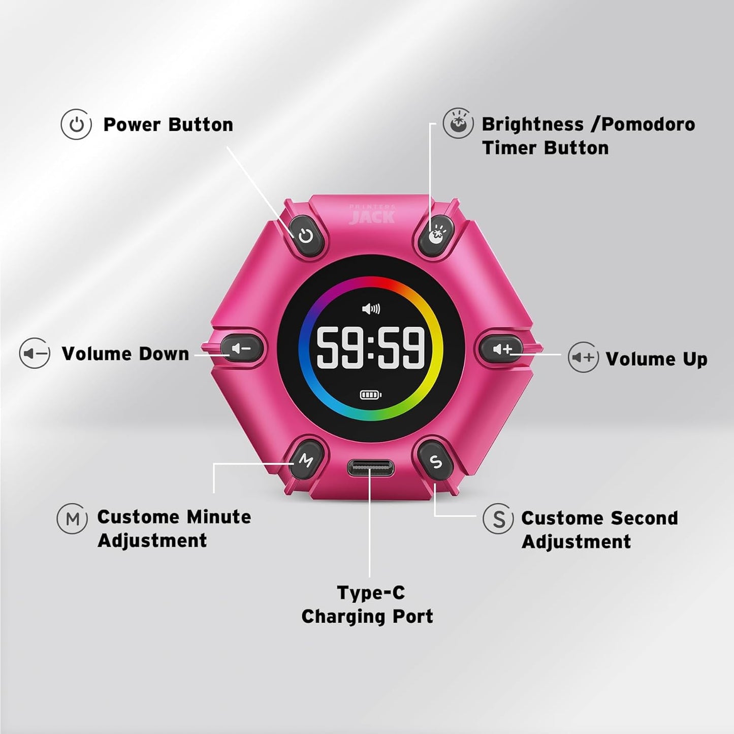 Printers Jack, Visual Pomodoro Timer, Productivity Cube Timer, Mute & Vibration & Adjustable Sound Alert, for Office, ADHD, Study, Work, 3/5/10/25/30/60min & Custom Countdown - Hot Pink