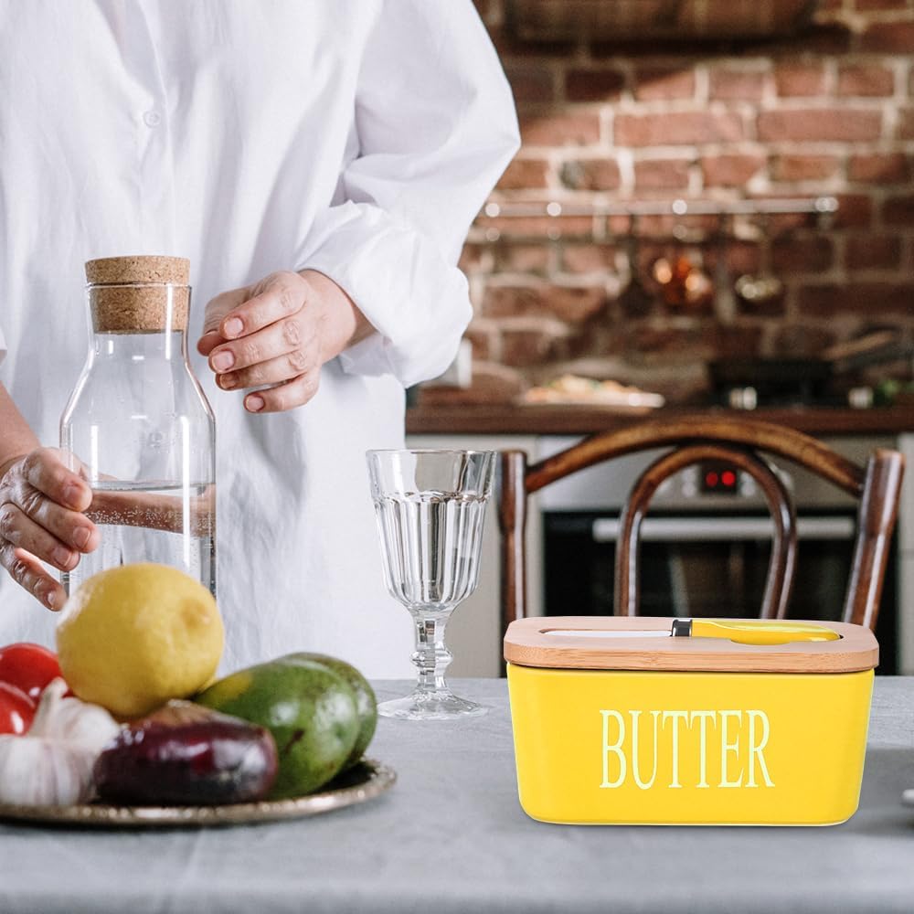 Ceramic Butter Dish with Wooden Lid, Large Butters Container Keeper Storage with Stainless Steel Knife Spreader, Bamboo Cover and Silicone Sealing Ring for West East Coast, Yellow
