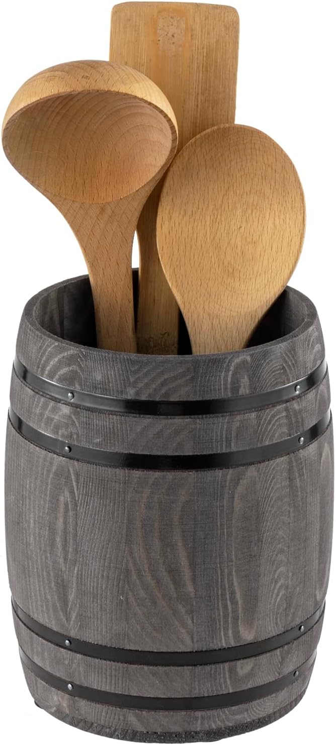 MyGift Wine Barrel Design Kitchen Utensil Crock, Vintage Gray Solid Wood Cooking Tool Holder