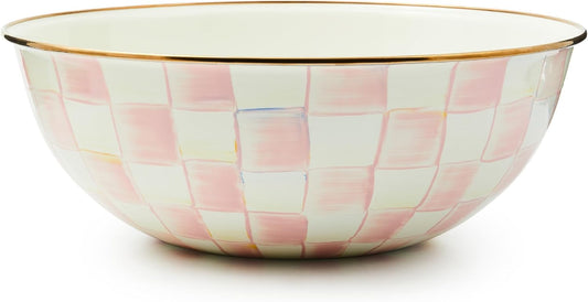 MACKENZIE-CHILDS Enamel Everyday Bowl, Serving Bowl for Entertaining, Extra-Large, Pink-and-White Rosy Check, Set of 1