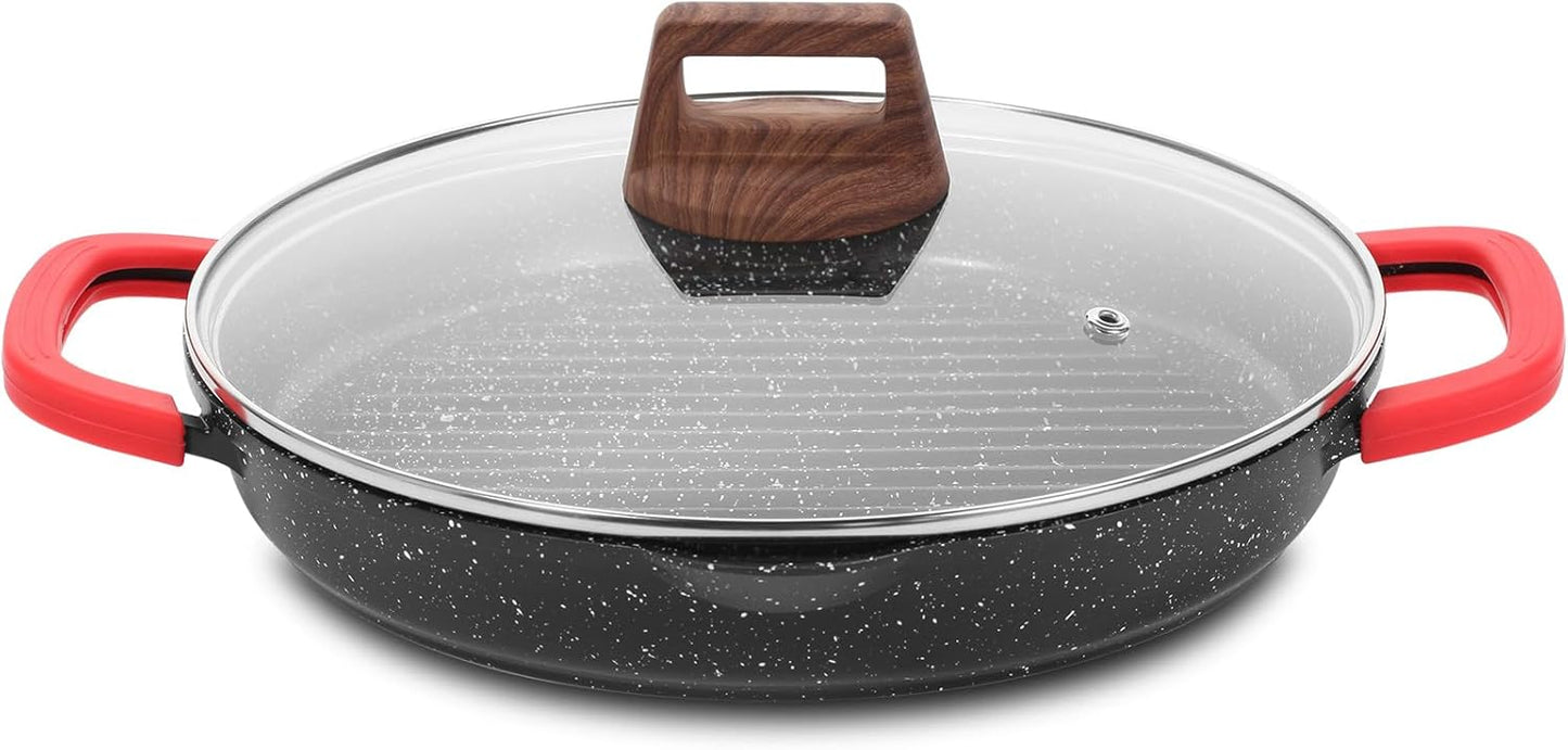 ESLITE LIFE Nonstick Grill Pan for Indoor Cooking, Versatile Induction Square Large Grilling Skillet Steak Pan for Stove Tops, PTFE & PFOA Free (Black, 11" w/Round & Lid & Tongs)