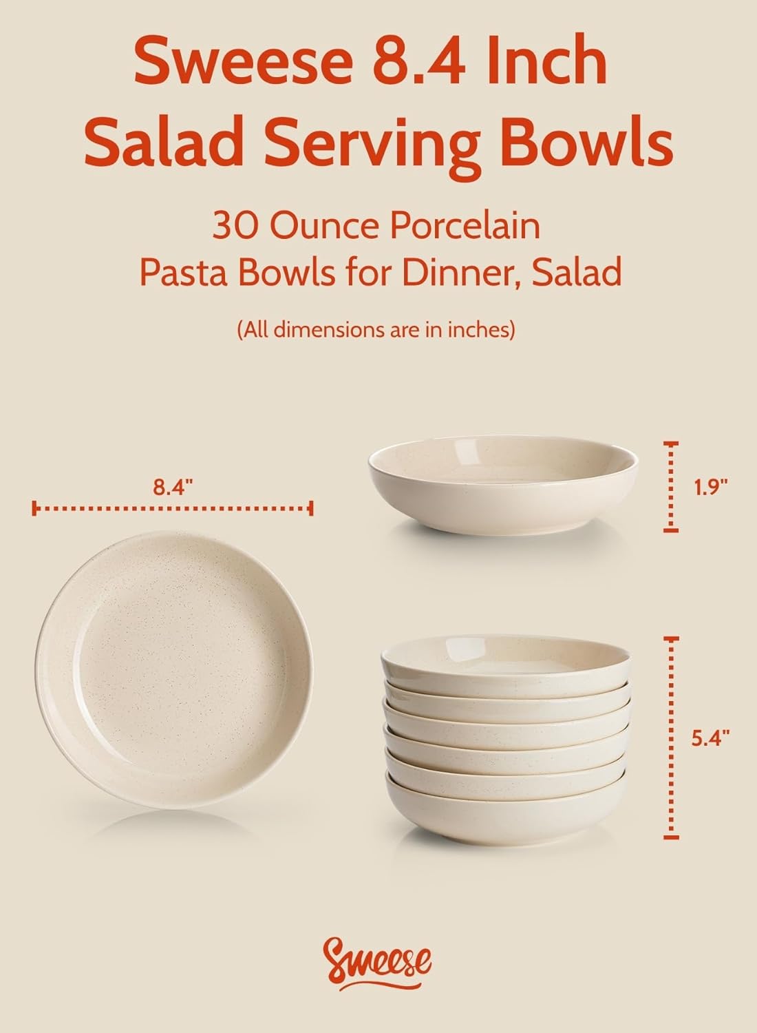 Sweese 30 Oz Salad Serving Bowls Set of 6, 8.4 Inch, Porcelain Pasta Plates - Microwave Dishwasher Safe, Beige