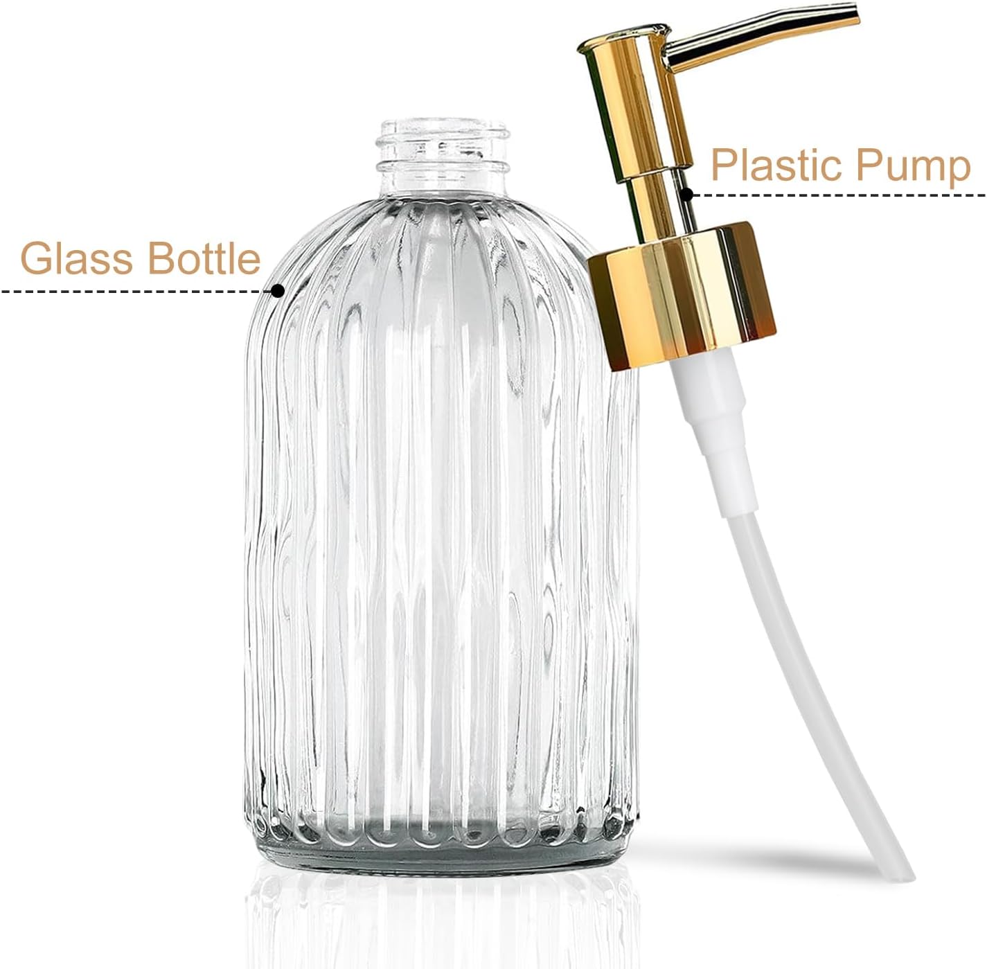 14Oz Gold Pump Glass Soap Dispenser, Clear Stripe Countertop Refillable Liquid Bottle Hand Dish Lotion Dispenser with Plastic Pump, for Kitchen, Bathroom