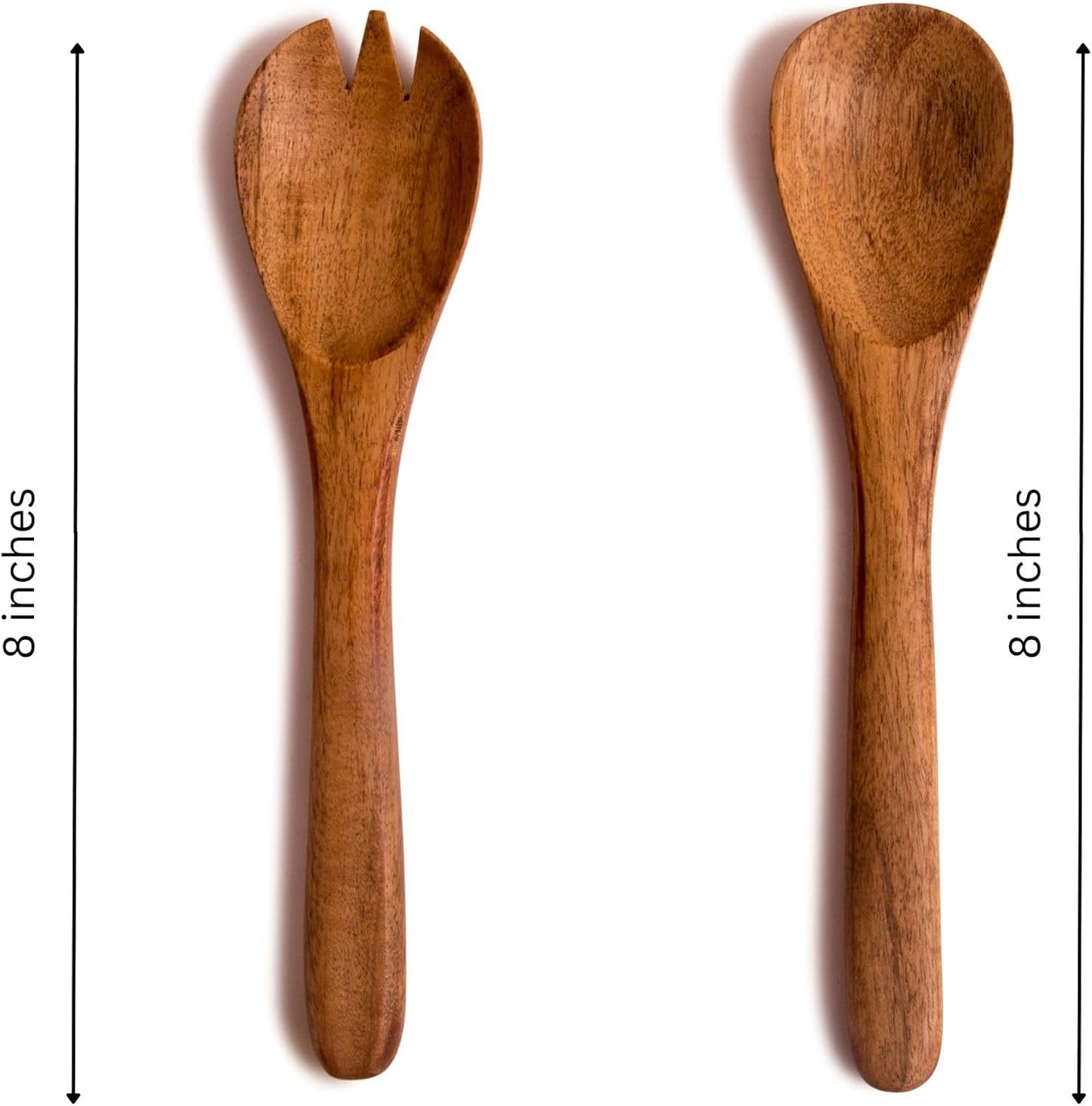 8 Inch Acacia Wood Salad Server Set Wooden Mixing Tongs Dinner Fork & Spoon Serving Utensils For Tossing Salad Handmade Cookware Salad Cooking Utensils & Accessories For Kitchen, Natural Brown