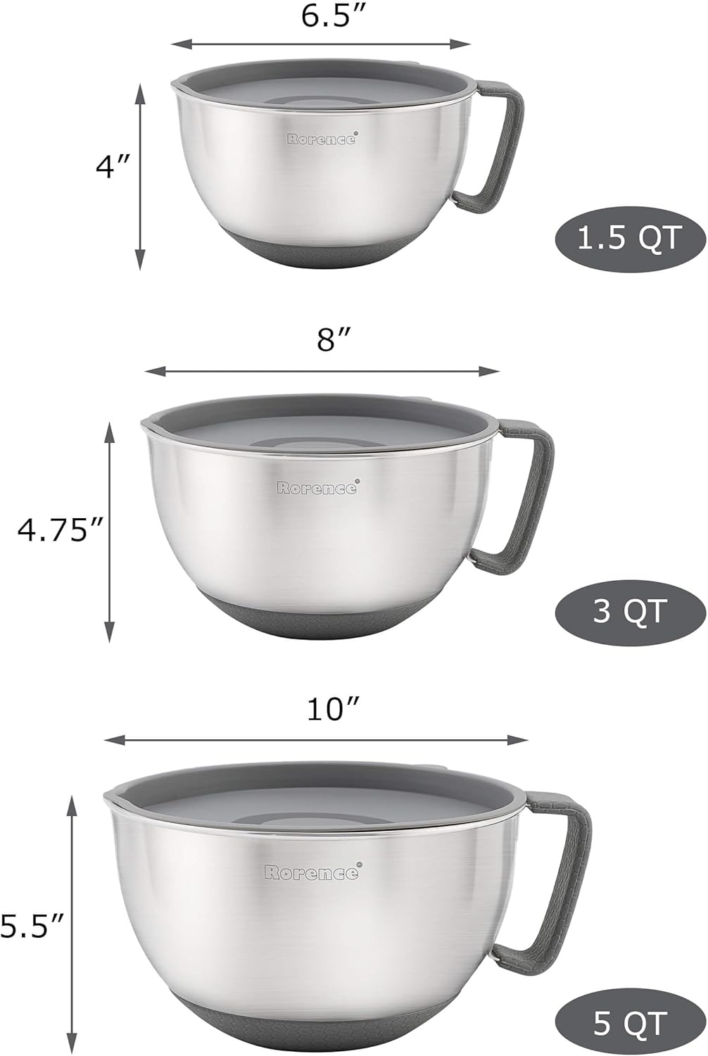 Rorence Mixing Bowls Set: Stainless Steel Non-Slip Bowls with Pour Spout, Handle and Lid - Set of 3 - Gray