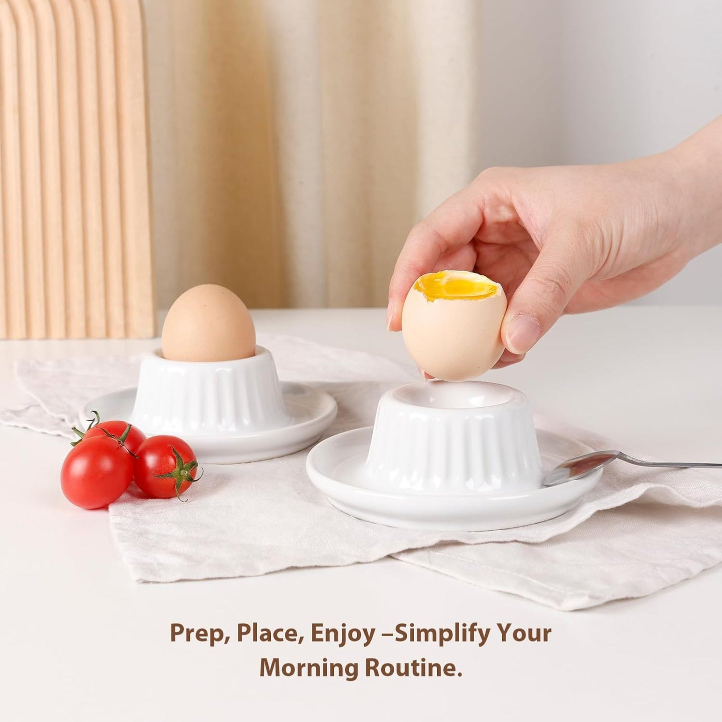 INGOFIN 2 Pcs Ceramic Egg Cups, Soft Boiled Egg Holders Set, Classic Porcelain Stackable, Easy to Clean Tray, Decorative Serving Dish for Breakfast, Easter or Kitchen, White