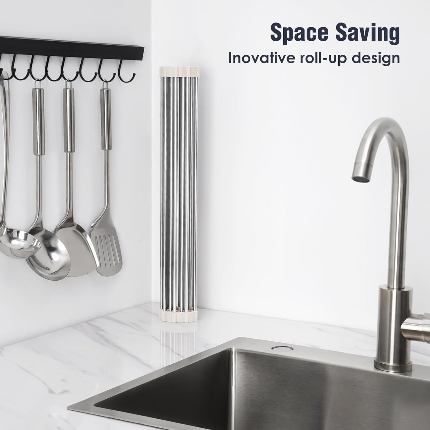 Tomorotec 21" x 15.5" Roll Up Dish Drying Rack Over Sink Drying Rack Sink Cover Kitchen Sink Accessories Gadget Multipurpose Organizer Foldable Stainless Steel Drainer