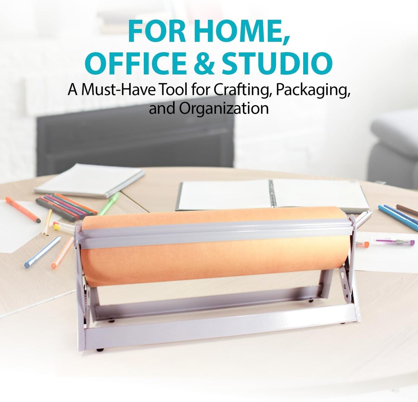 18" Wide Roll Paper Dispenser with Cutter for Desktop – Roll Dispenser with Straight Edge Cutter – Fits Craft, Freezer, Wrapping, Butcher Paper Roll or Cling Film – Heavy-Duty, Grey