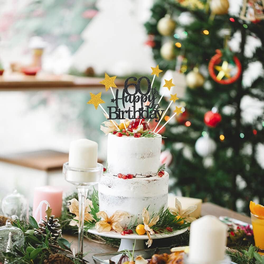 Glittery 60th Happy Birthday Cake Topper with Star,Personalised 60 Birthday Cake Toppers Party Decorations Party Supplies for Men Women Black Gold