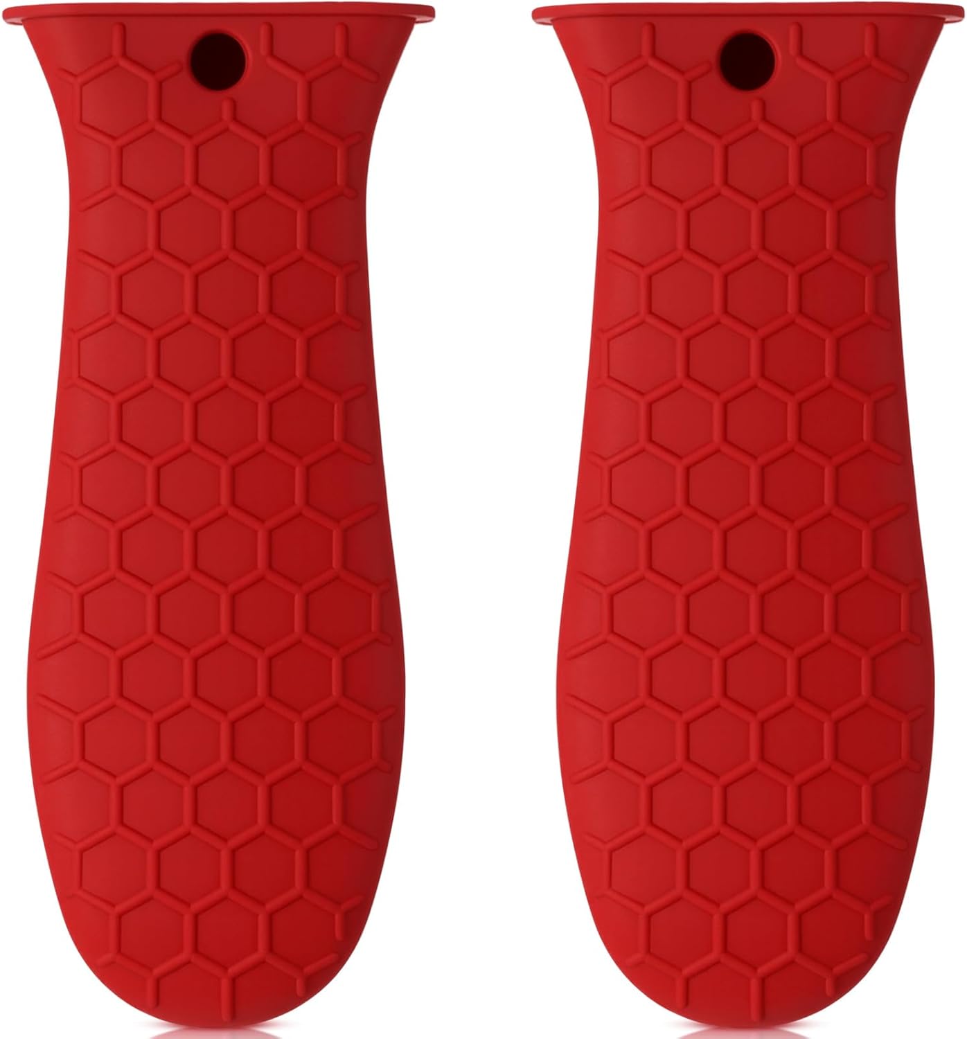 Patelai 2pcs Silicone Handle Cover for Cast Iron Skillet Kitchen Silicone Handles for Pots and Pans Non-Slip Pot Holder Sleeve for Fry Pan Griddles Metal Aluminum Cookware(Red)