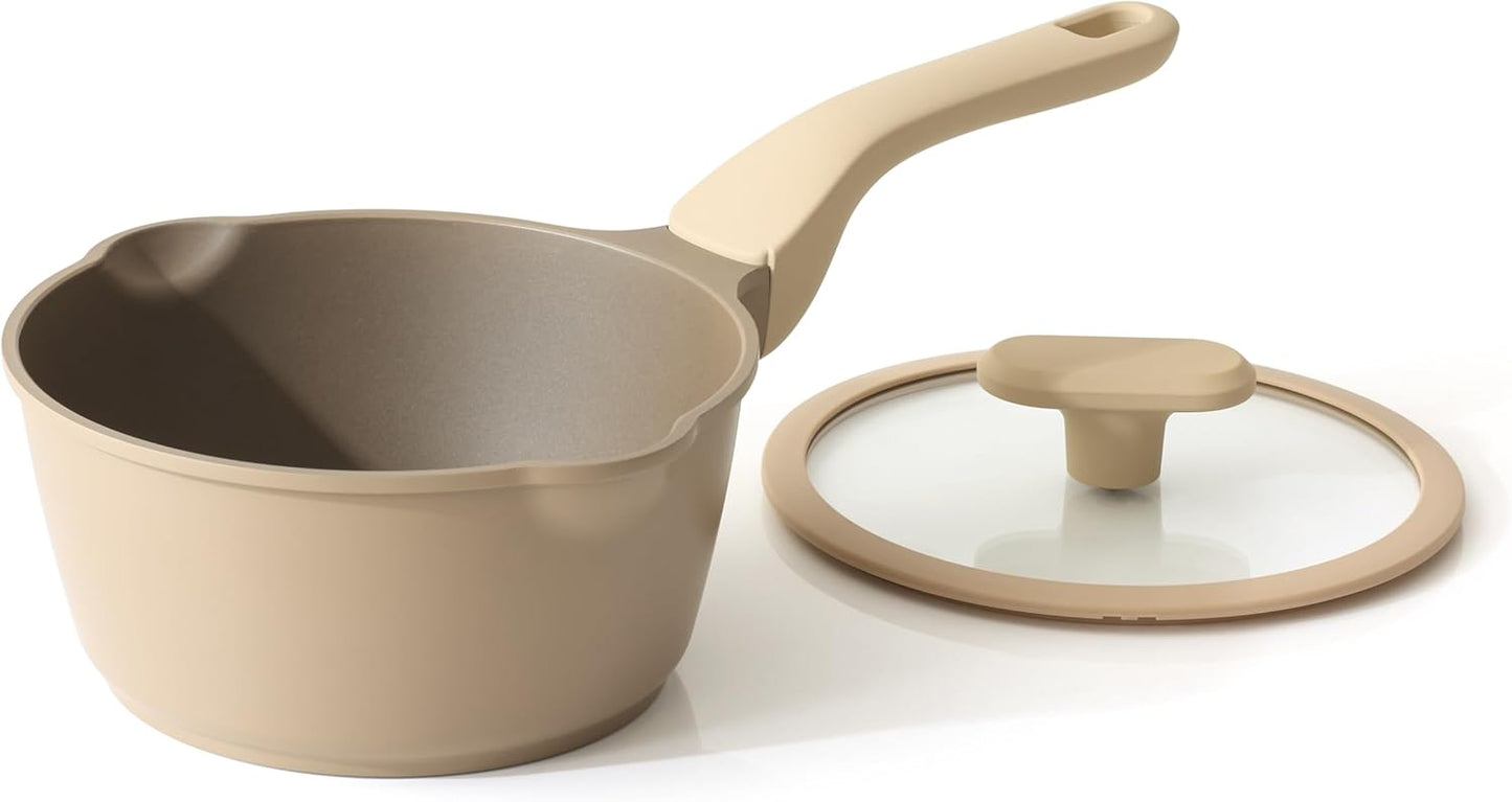 Nonstick Saucepan with Lid, 2.7 Quart Sauce Pan, Healthy Sauce Pot with Pour Spouts for Multipurpose Use, PFOA Free, Induction Compatible, Apricot