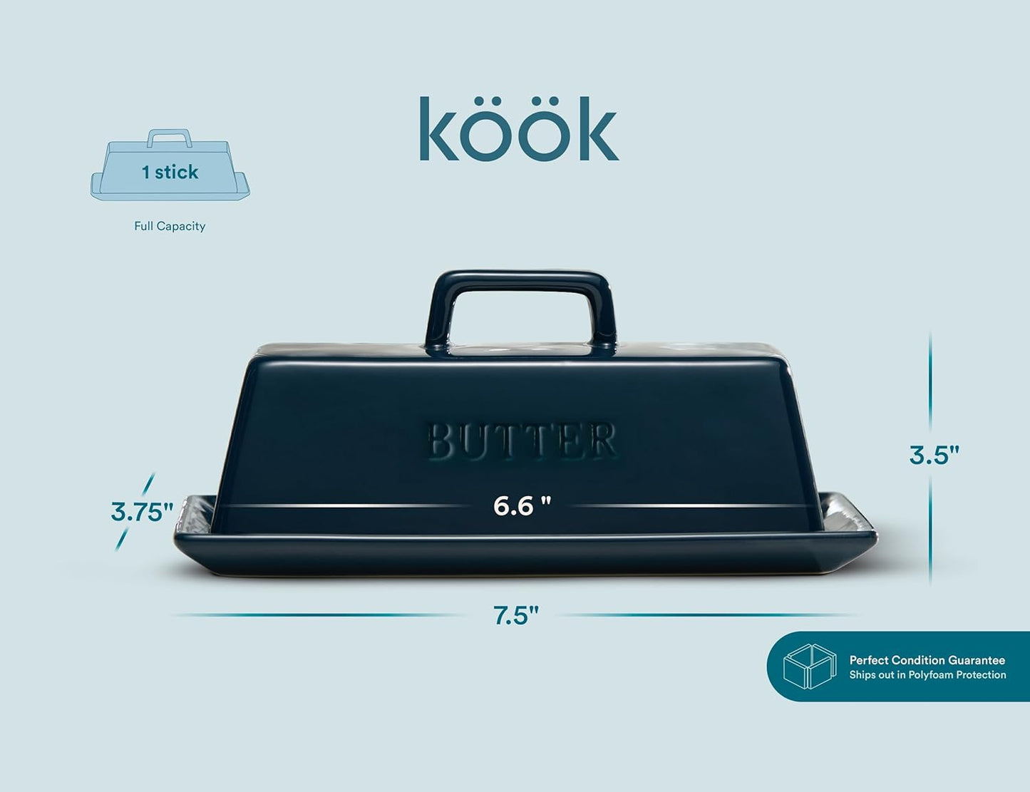 Kook Ceramic Butter Dish with Lid, Kitchen Countertop Butter Keeper, Serving Tray with Cover, Storage Container, Holds 1 Stick, Microwave and Dishwasher Safe, Navy Teal