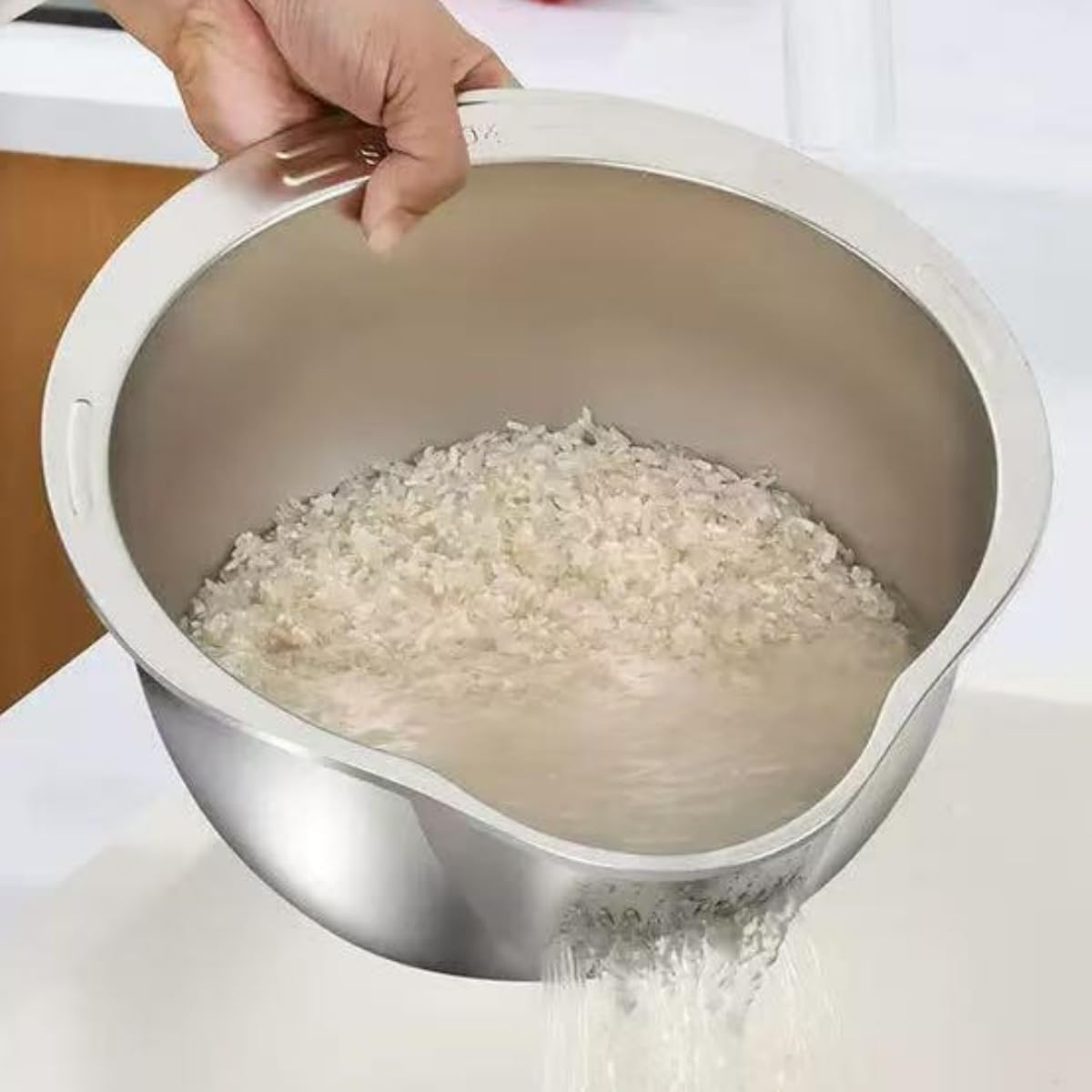 2 Pack Rice Washer Strainer Bowl,Stainless Steel Washing Bow Rinser With Side Drainers Colander for Cleaning Fruits, Vegetables Silver