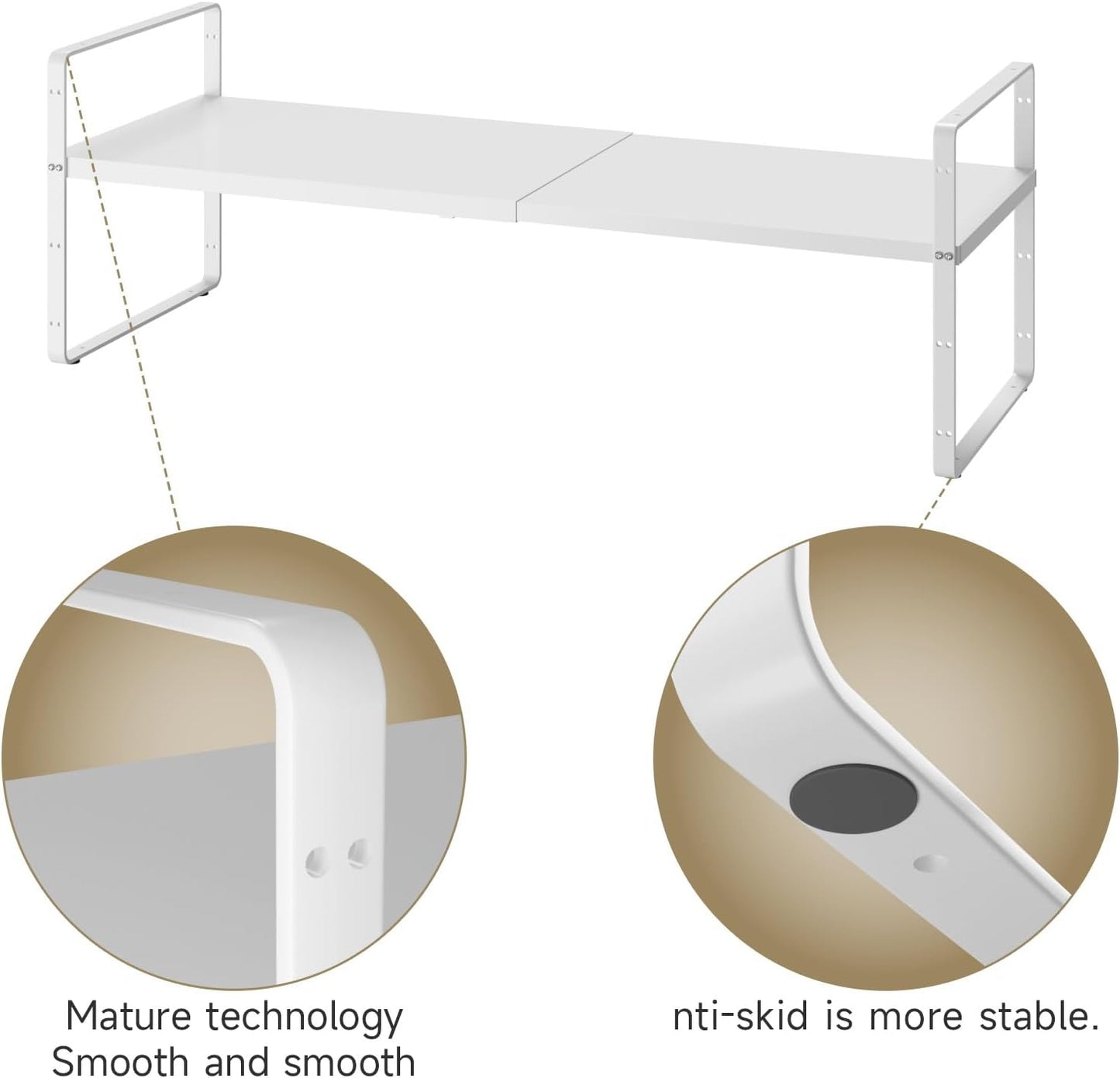 16.5~27.1" Expandable Shelf Organizer, 1Pack 8.1" Wide Stackable Cabinet Shelf Organizers, White Metal Sturdy Kitchen Counter Storage for Countertop, Adjustable Height Spice Rack