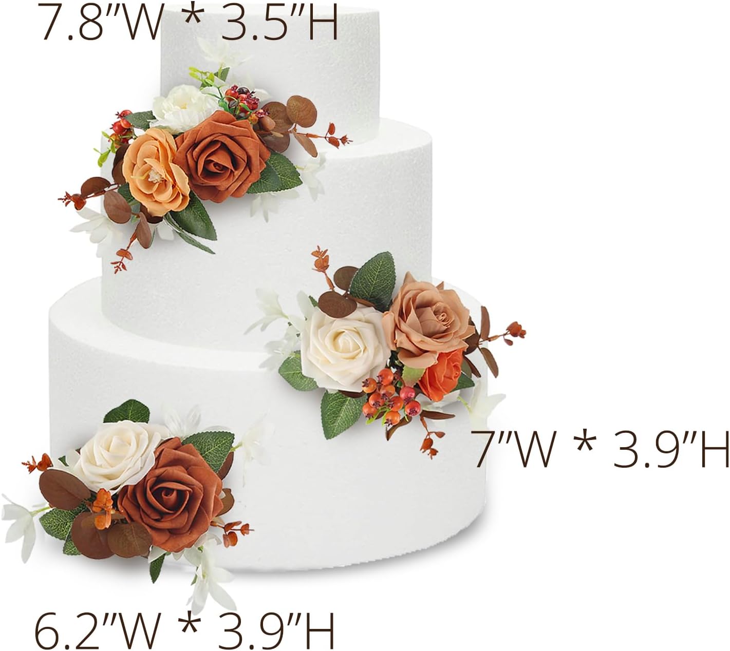 Rinlong 3Pcs Cake Topper Set Artificial Flowers for Cake Decor Burnt Orange Fall Wedding Cake Decorating Flowers for Baby Shower Birthday Party