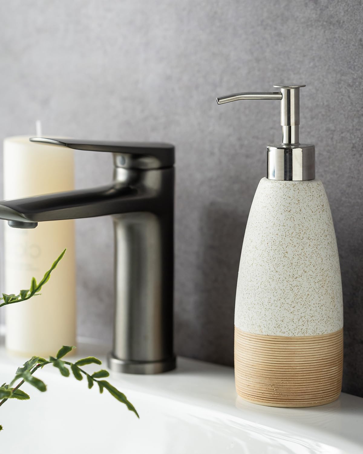 12oz Dish Soap Dispenser with Plastic Pump & Stainless Steel Pump for Hand Soap, Shampoo, Lotion, Conditioner, Ceramic Refillable Soap Bottle with Silicone Funnel for Bathroom, Kitchen, Speckled White