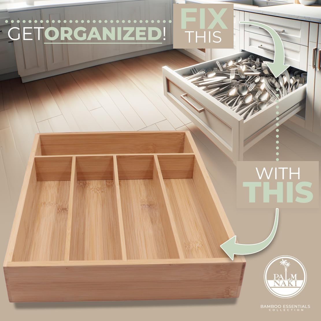 PALM NAKI Silverware Organizer Premium Bamboo Cutlery Organizer Tray - Kitchen Drawer Organizer for Silverware, Utensils - Flatware Organizers - Kitchen Organization (Natural Classic, 5 Slots)