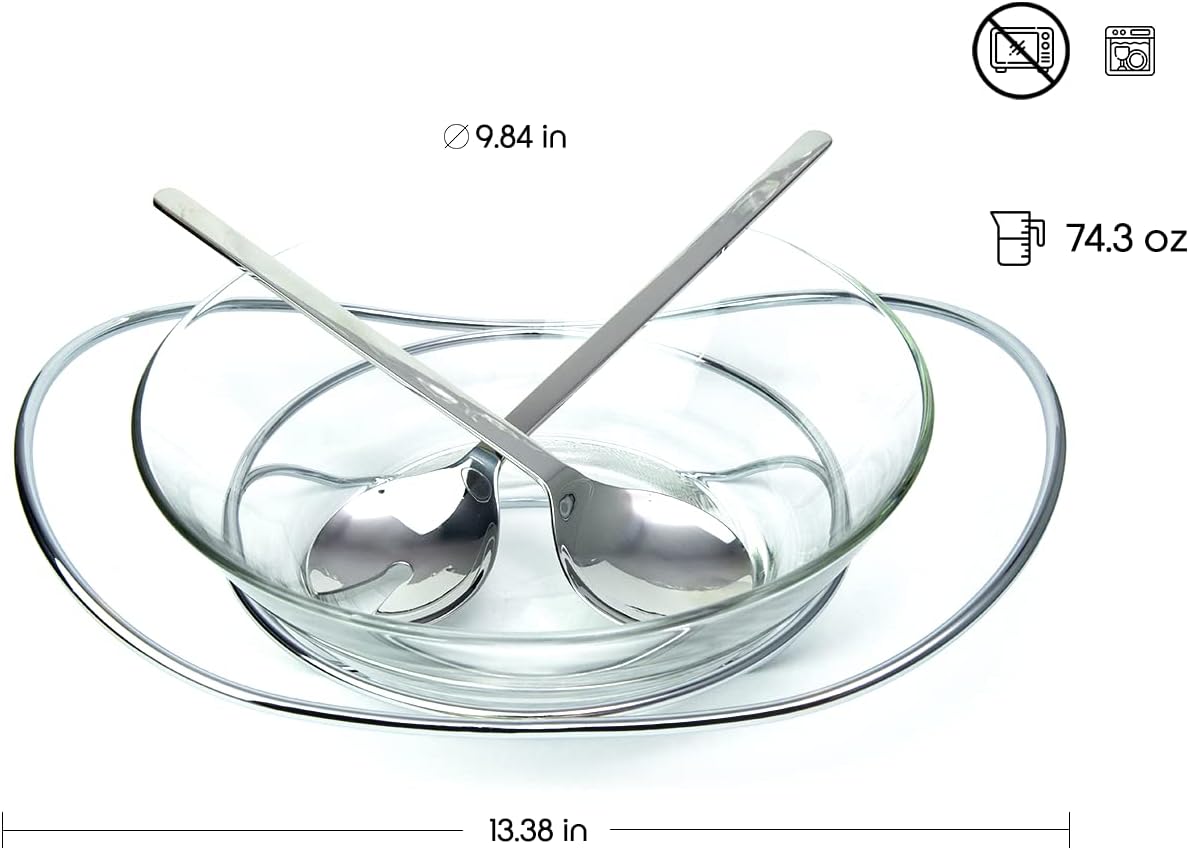 Regent 18/10 CONTEMPO Chromeplated 9.8”inch 25cm Salad Bowl with Stainless Steel Servers, Big Salad Bowls with Perfect for Fruits, Vegetable or Salads