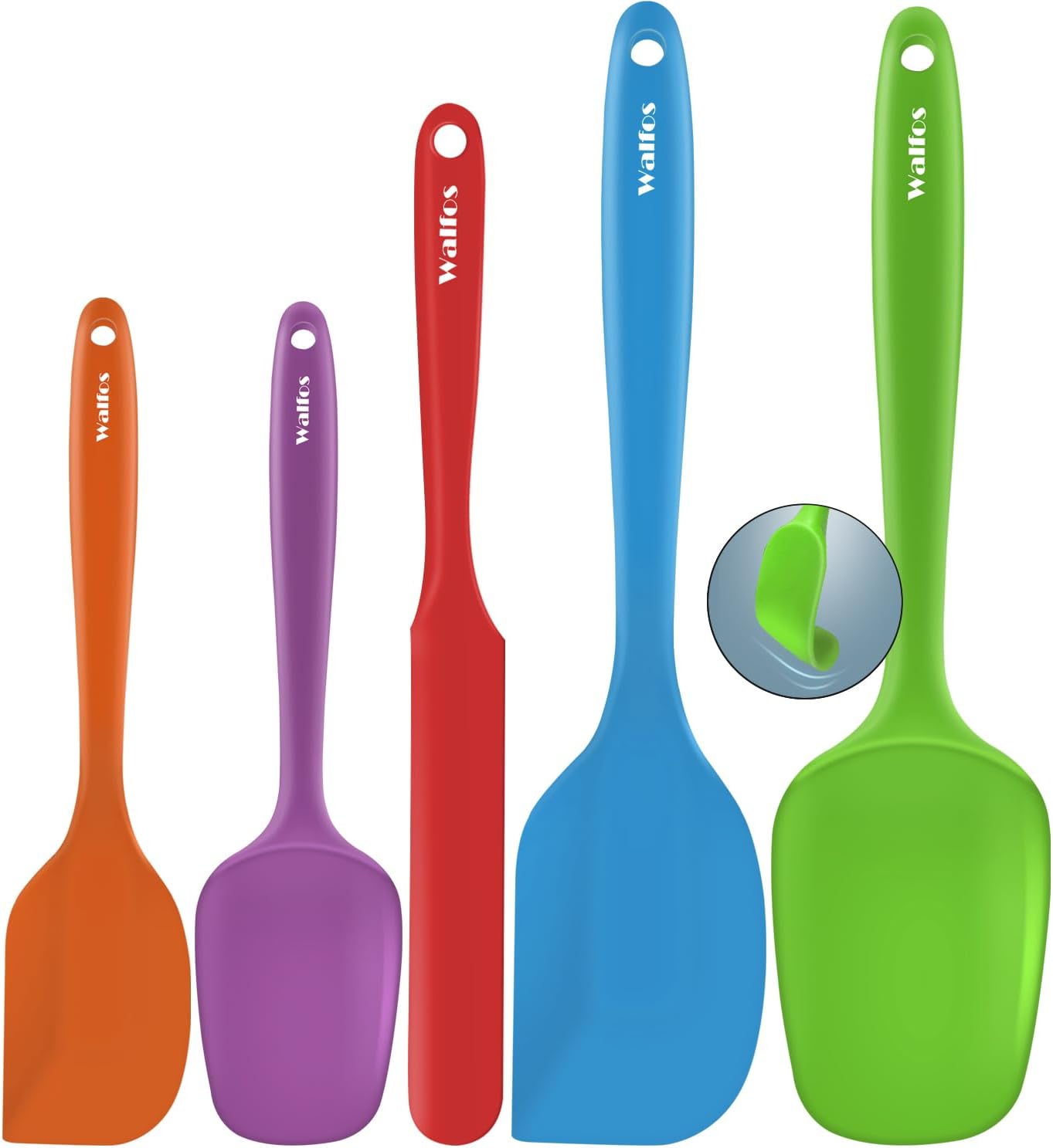 Walfos Silicone Spatula -600°F Heat Resistant Kitchen Scraper Spatulas, Strong Steel Core and One-Pieces Design, for Cooking Mixing Baking - BPA Free and Dishwasher Safe, Multicolor set of 5