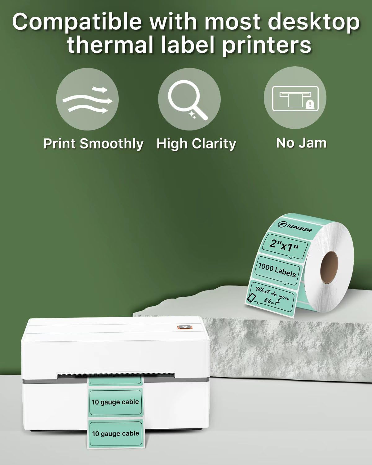 iEager 2x1 Inch Thermal Labels, Green Rectangle Thermal Printer Stickers, Durable Shipping Label Printer Sticker for Barcode, Name, Address, 1000 Labels/Roll